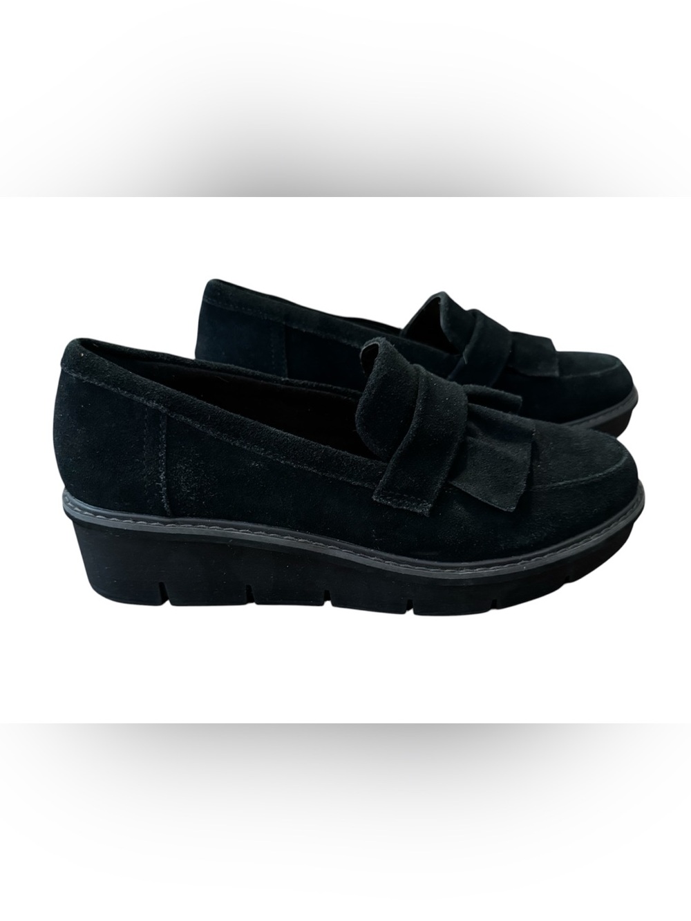 Clarks Collection Black Suede Knot Loafers with Chunky Platform Women's 9.5